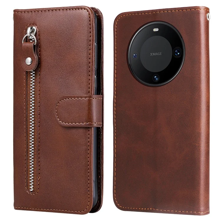 For Huawei Mate 60 Pro Case Shockproof Calf Texture Zipper Wallet Stand Smartphone Cover - Brown