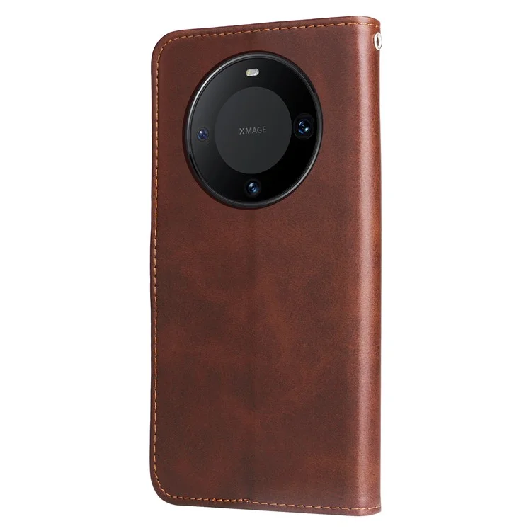 For Huawei Mate 60 Pro Case Shockproof Calf Texture Zipper Wallet Stand Smartphone Cover - Brown