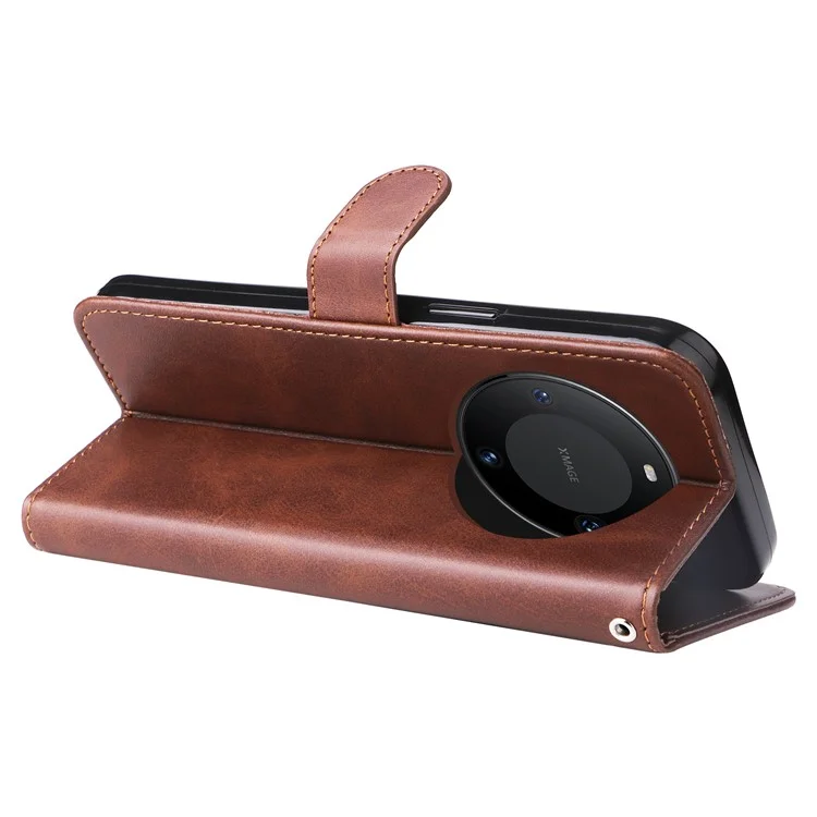 For Huawei Mate 60 Pro Case Shockproof Calf Texture Zipper Wallet Stand Smartphone Cover - Brown