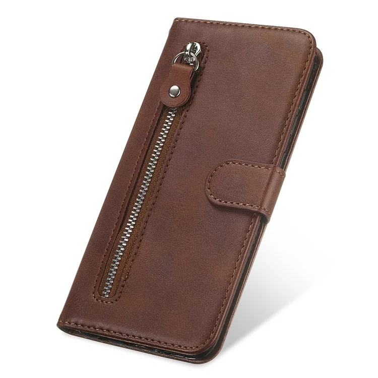 For Huawei Mate 60 Pro Case Shockproof Calf Texture Zipper Wallet Stand Smartphone Cover - Brown