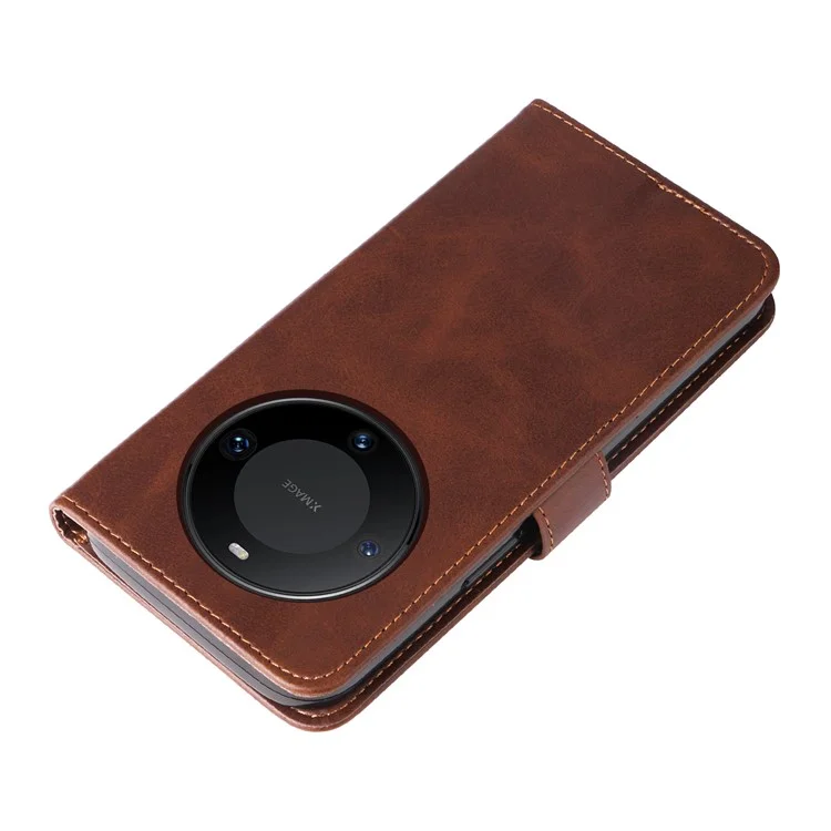 For Huawei Mate 60 Pro Case Shockproof Calf Texture Zipper Wallet Stand Smartphone Cover - Brown