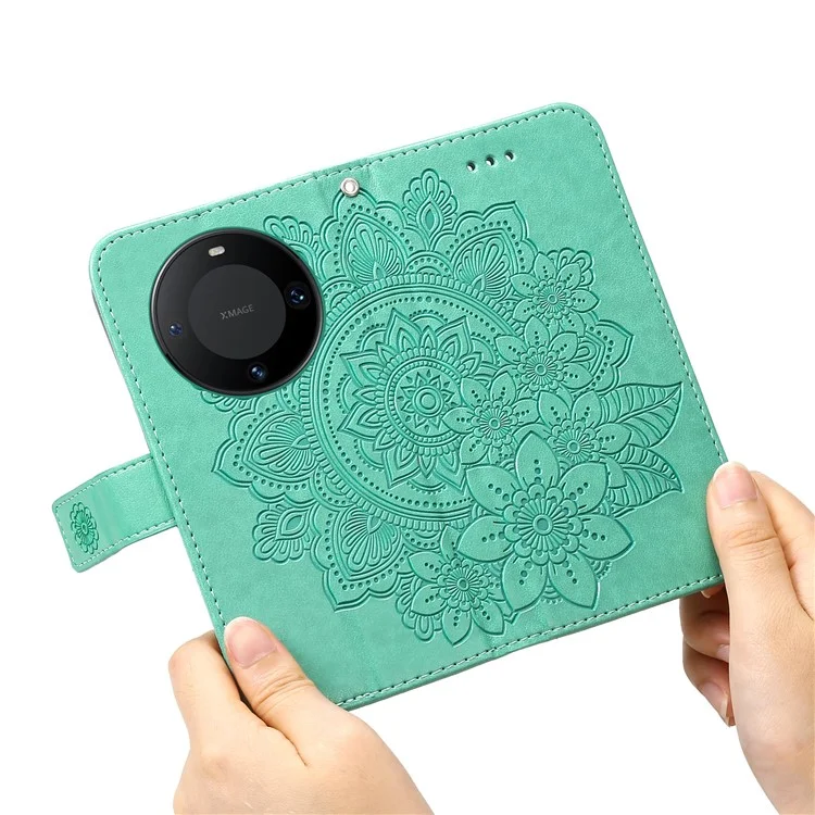 Para Huawei Mate 60 Pro Case Flower Imprinted PU Leather Stand Cover Anti-drop Wallet - Verde