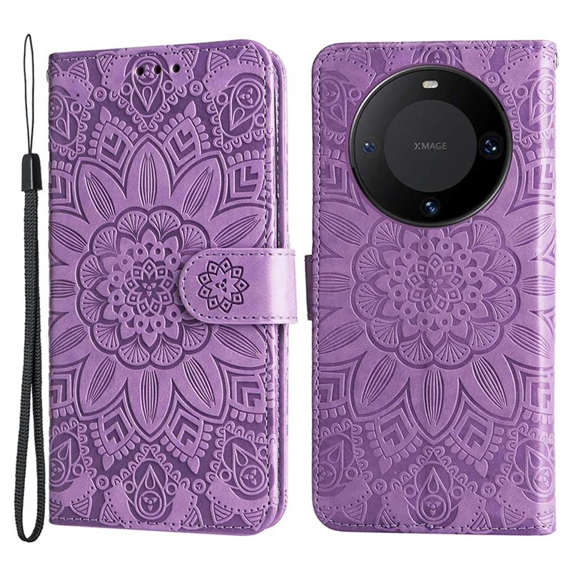 Para Huawei Mate 60 Pro Case Wallet Stand Shell PU Leather Sunflower Imprinted Phone Cover - Roxo
