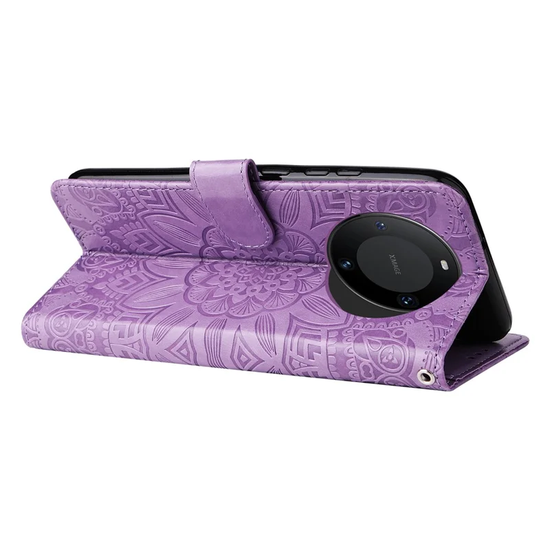 Para Huawei Mate 60 Pro Case Wallet Stand Shell PU Leather Sunflower Imprinted Phone Cover - Roxo