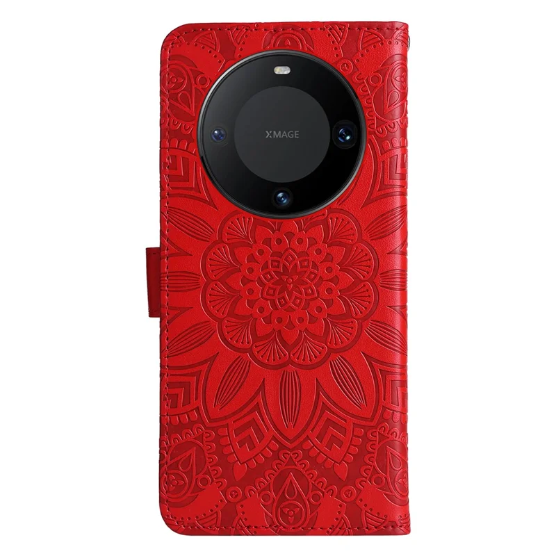 For Huawei Mate 60 Pro Case Wallet Stand Shell PU Leather Sunflower Imprinted Phone Cover - Red