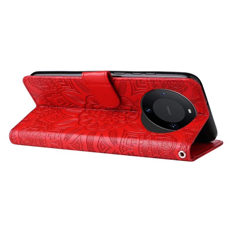 For Huawei Mate 60 Pro Case Wallet Stand Shell PU Leather Sunflower Imprinted Phone Cover - Red