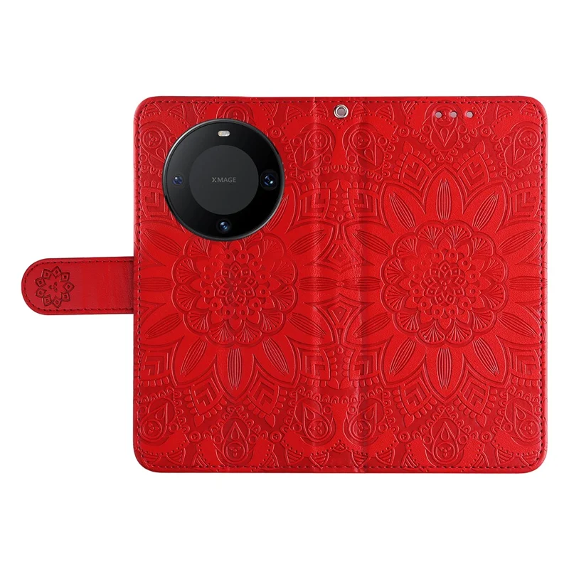 For Huawei Mate 60 Pro Case Wallet Stand Shell PU Leather Sunflower Imprinted Phone Cover - Red