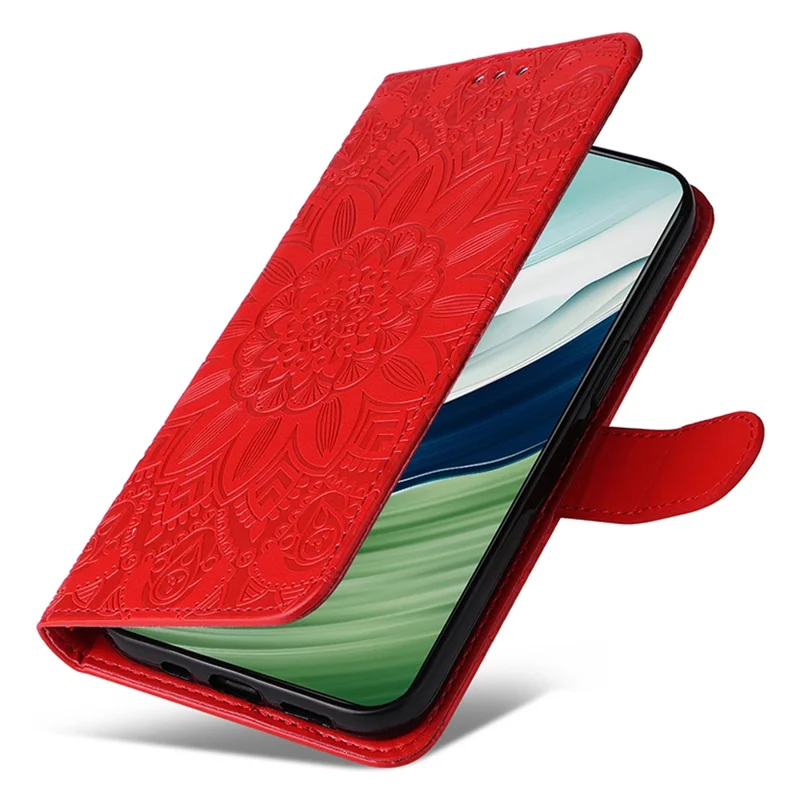 For Huawei Mate 60 Pro Case Wallet Stand Shell PU Leather Sunflower Imprinted Phone Cover - Red