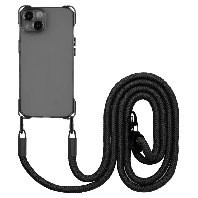For iPhone 14 Plus Case Shockproof TPU Cell Phone Cover Shell with Hanging Rope - Black