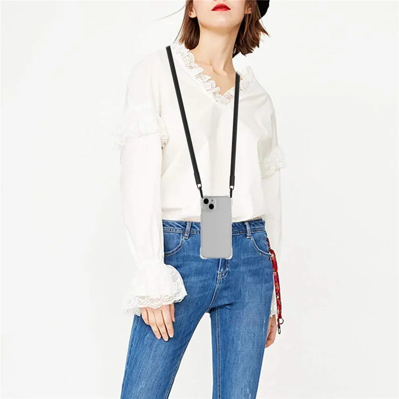 For iPhone 14 Case Drop Protection TPU Mobile Phone Cover with Hanging Rope - Transparent