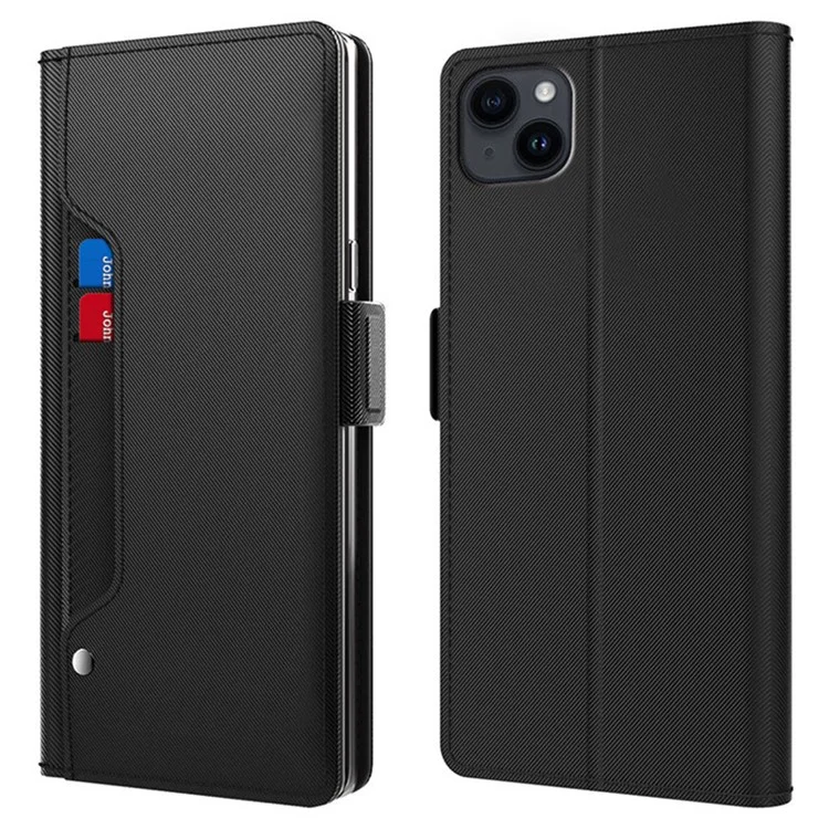 Built-in Mirror Leather Cover For iPhone 15 Plus Case Card Slot Stand Flip Phone Shell - Black