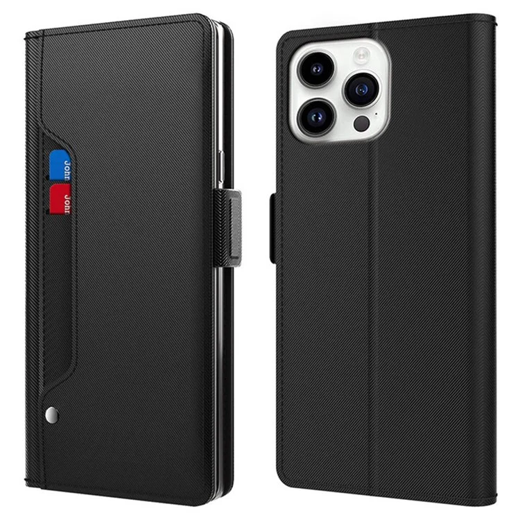 For iPhone 15 Pro Case PU Leather Magnetic Phone Stand Cover with Card Slot, Mirror - Black
