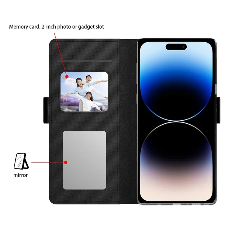For iPhone 15 Pro Case PU Leather Magnetic Phone Stand Cover with Card Slot, Mirror - Black