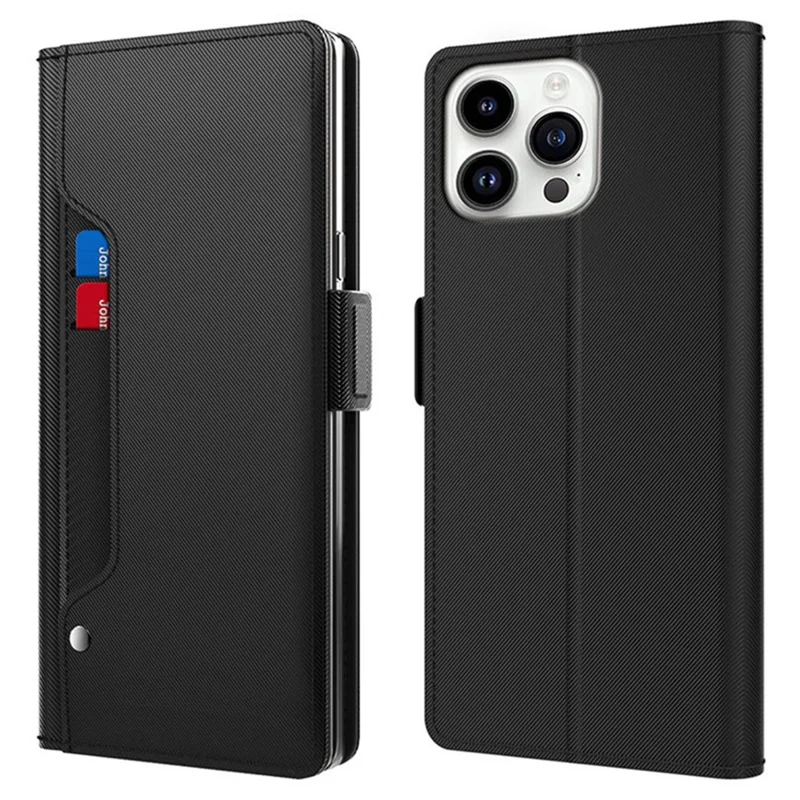 Für iPhone 15 Pro Max Handyhülle mit Kartenfach, Ständer, Flip-Cover, Ledertasche mit Spiegel - Schwarz