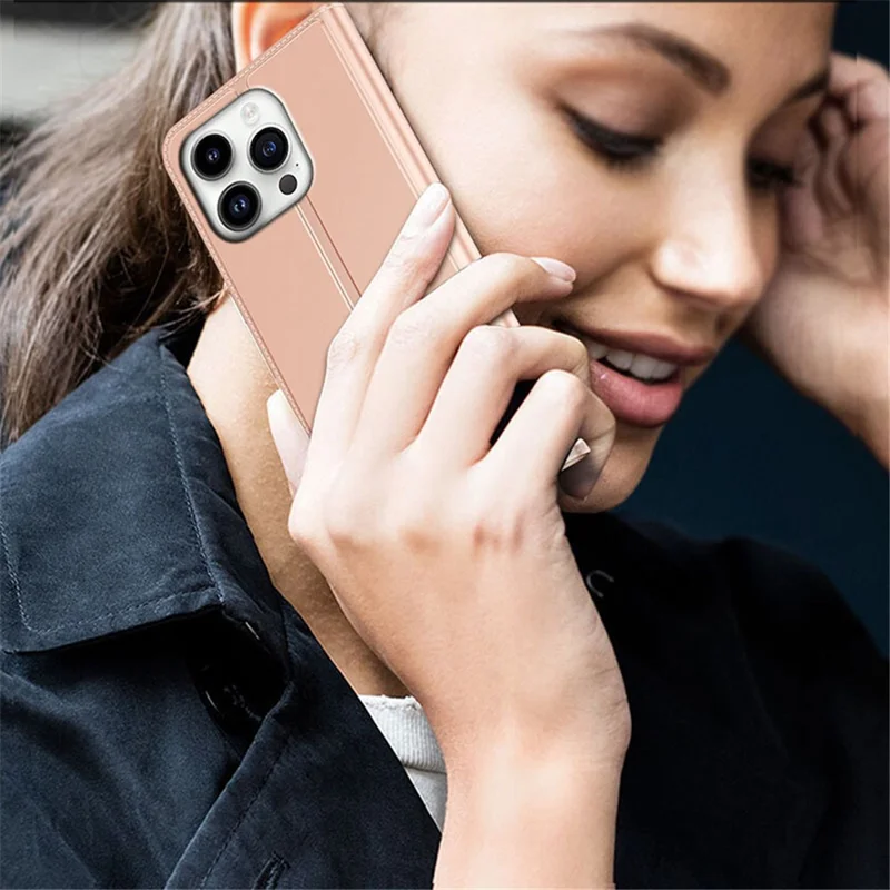 For iPhone 15 Pro Case PU Leather Phone Shell Card Holder Phone Cover - Rose Gold