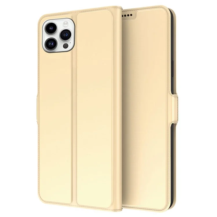 For iPhone 15 Leather Case Flip Stand Mobile Phone Cover with Card Slot - Gold