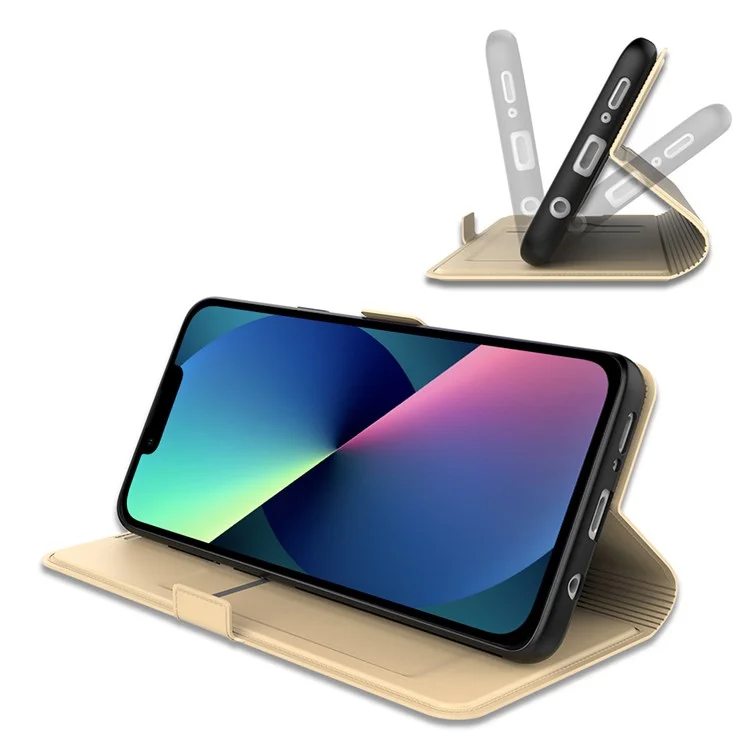 For iPhone 15 Leather Case Flip Stand Mobile Phone Cover with Card Slot - Gold