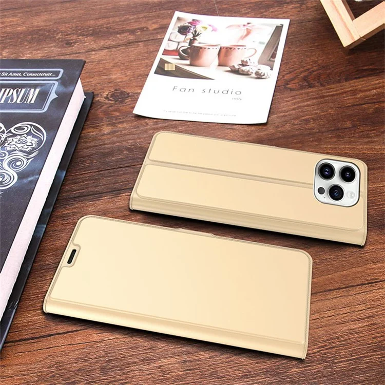 For iPhone 15 Leather Case Flip Stand Mobile Phone Cover with Card Slot - Gold