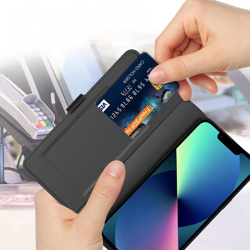 For iPhone 15 Plus Protection Cover PU Leather Stand Card Slot Phone Case - Black