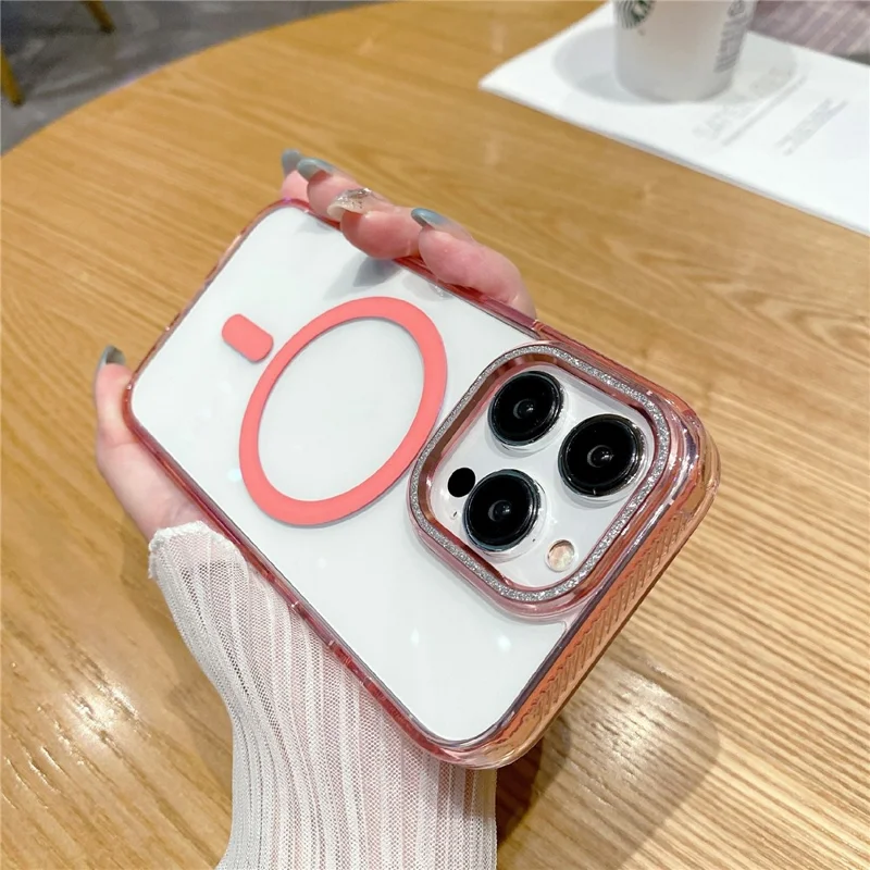 For iPhone 15 Pro Max Case TPU+PC+Aluminum Alloy+Magnet Ring Phone Cover Compatible with MagSafe - Pink