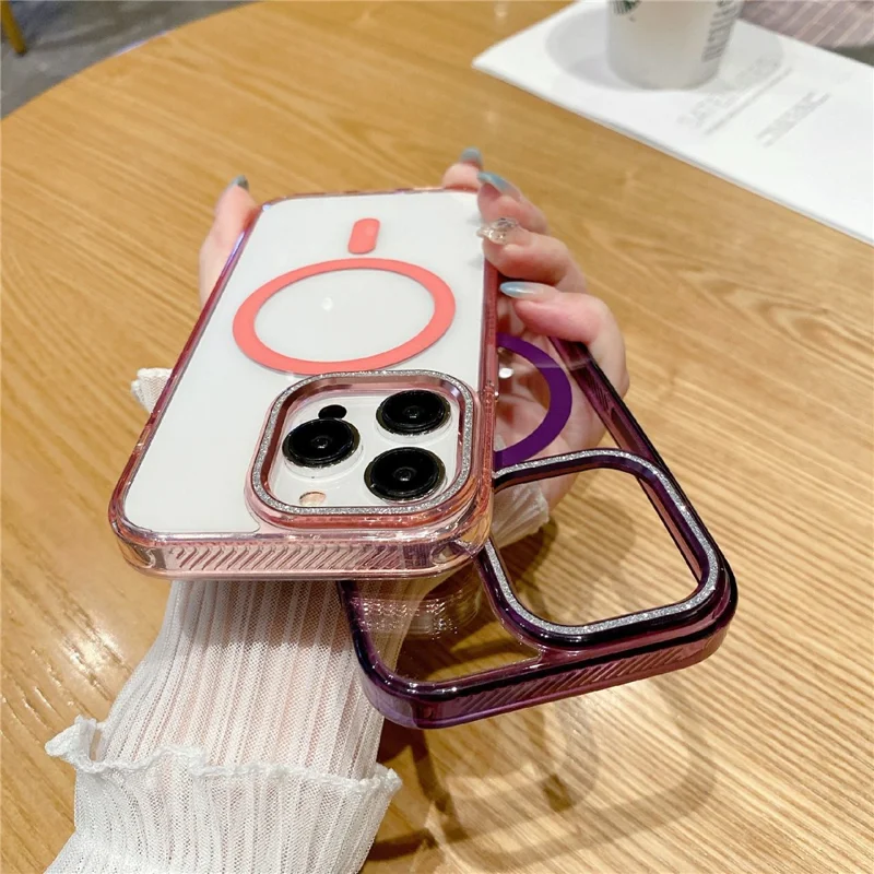 For iPhone 15 Pro Max Case TPU+PC+Aluminum Alloy+Magnet Ring Phone Cover Compatible with MagSafe - Pink