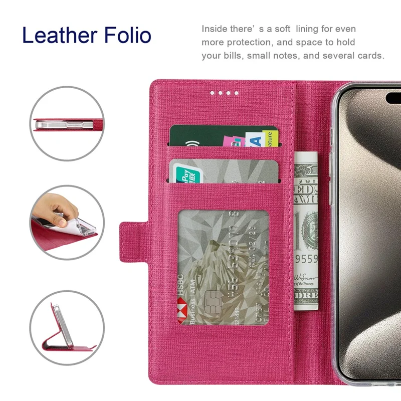 VILI K Series for iPhone 15 Plus Case Folio Flip PU Leather Phone Cover - Rose