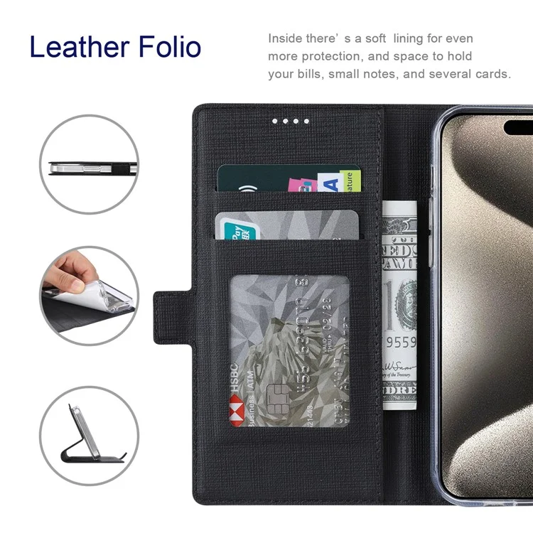 VILI K Series for iPhone 15 Pro Max Case PU Leather Horizontal Stand Phone Cover - Black