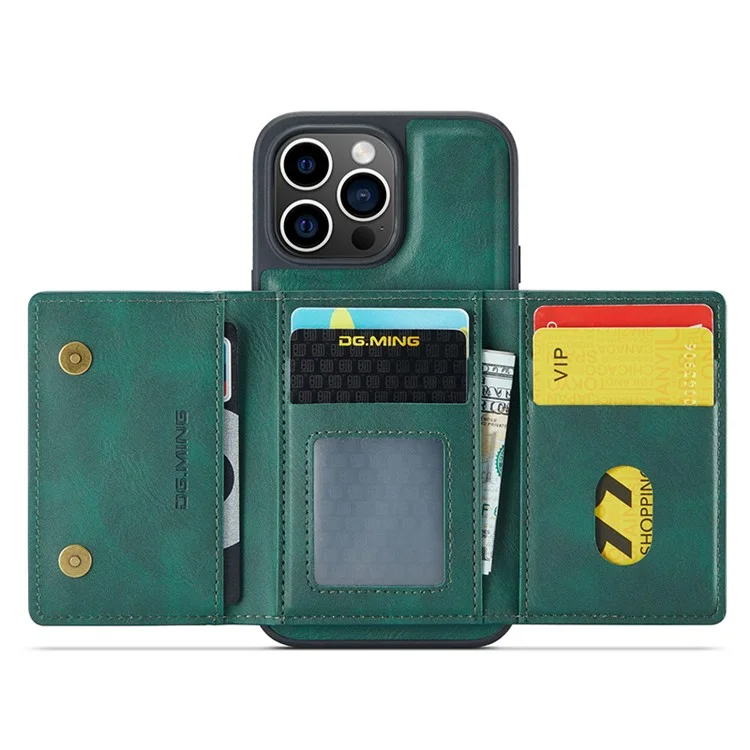 DG.MING M5 Series For iPhone 14 Pro Max Case PU+PC+TPU Detachable Wallet Phone Cover - Green