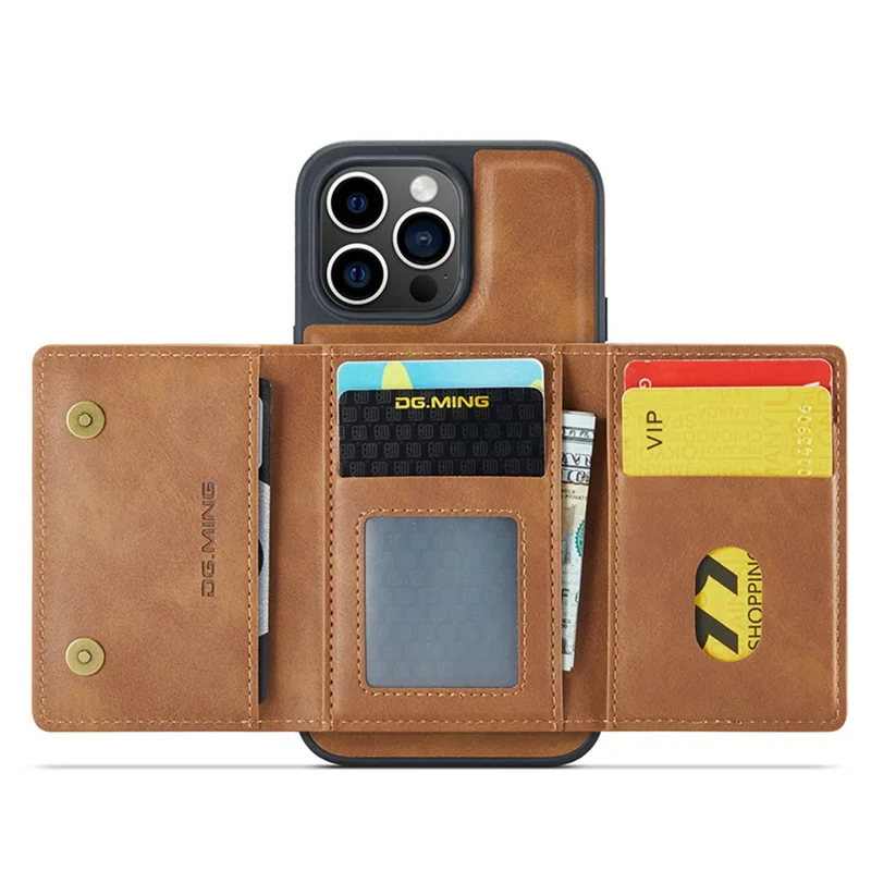 DG.MING M5 Series For iPhone 12 / 12 Pro Case Tri-fold Wallet PU+PC+TPU Phone Cover - Brown