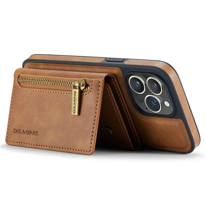 DG.MING M5 Series For iPhone 12 / 12 Pro Case Tri-fold Wallet PU+PC+TPU Phone Cover - Brown