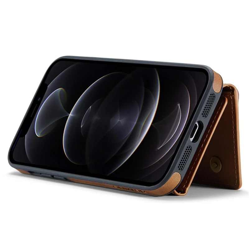DG.MING M5 Series For iPhone 12 / 12 Pro Case Tri-fold Wallet PU+PC+TPU Phone Cover - Brown