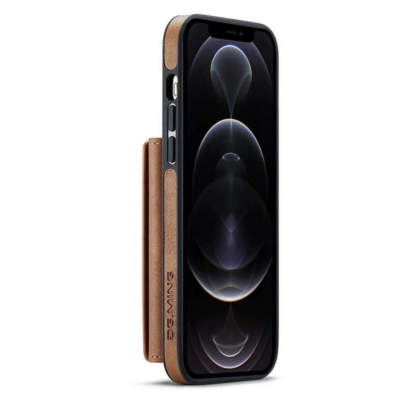 DG.MING M5 Series For iPhone 12 / 12 Pro Case Tri-fold Wallet PU+PC+TPU Phone Cover - Brown