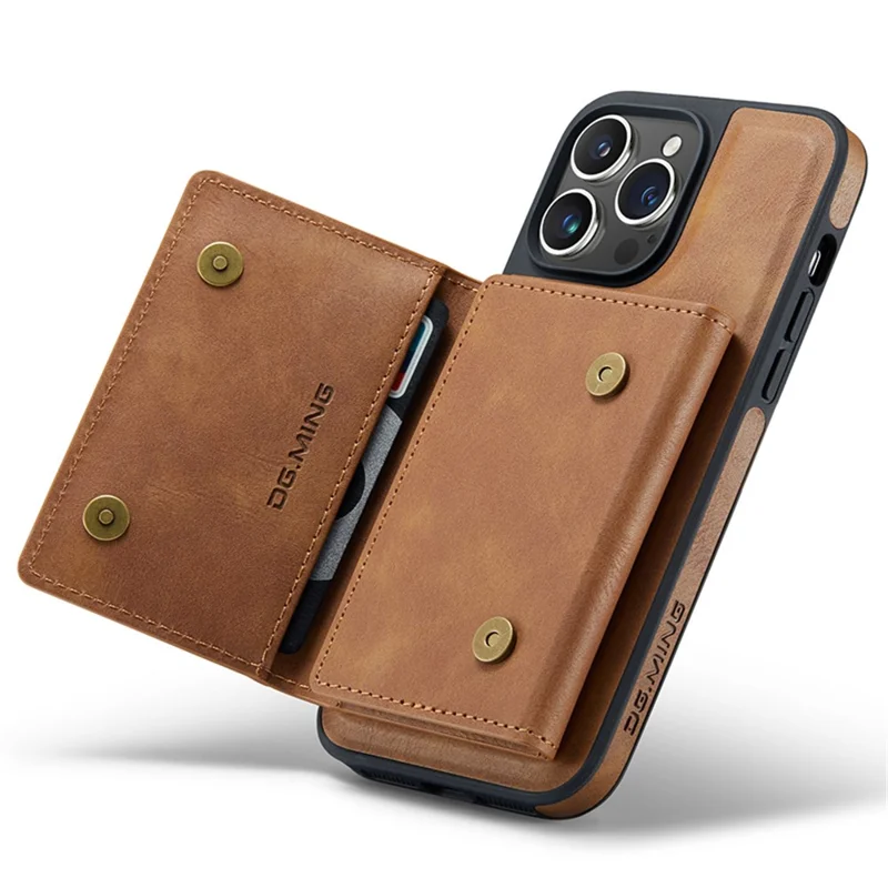 DG.MING M5 Series For iPhone 12 / 12 Pro Case Tri-fold Wallet PU+PC+TPU Phone Cover - Brown