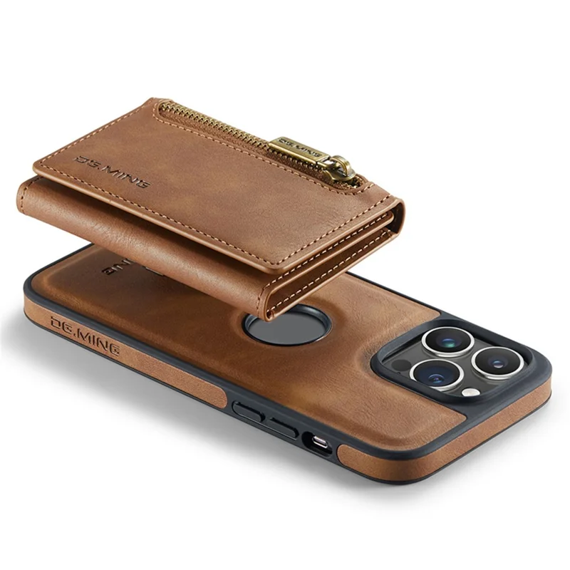 DG.MING M5 Series For iPhone 12 / 12 Pro Case Tri-fold Wallet PU+PC+TPU Phone Cover - Brown