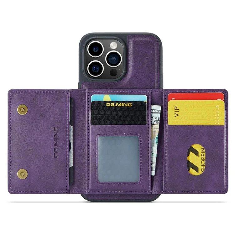 DG.MING M5 Серия для iPhone 13 Pro Чехол Магнитный кошелек Анти-капля PU+PC+TPU Чехол для телефона - Фиолетовый
