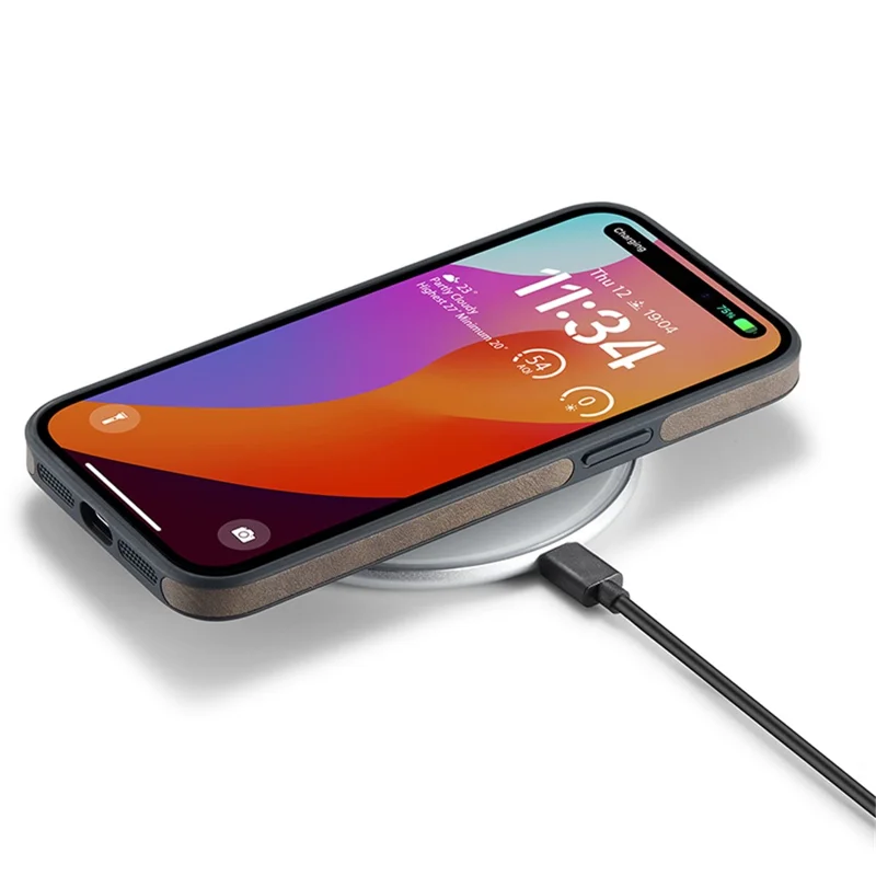حالة DG.MING لهاتف iPhone 15 Pro Max غطاء من مادة البولي كربونات + مطاط حراري مع طبقة جلد صناعي بتصميم شعار ظاهر - كحلي