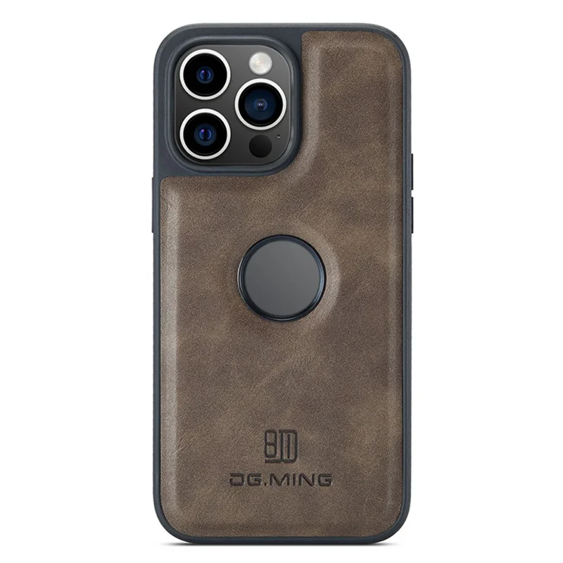 DG.MING For iPhone 15 Case Logo View Anti-Drop PU Leather Coated PC+TPU Cover - Coffee