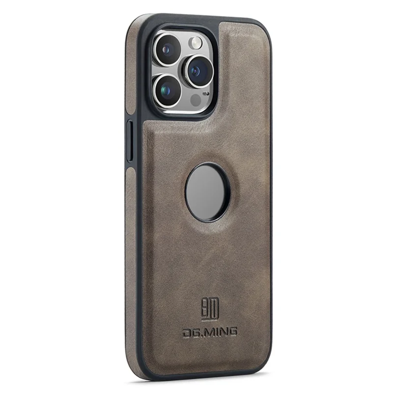 DG.MING For iPhone 15 Case Logo View Anti-Drop PU Leather Coated PC+TPU Cover - Coffee