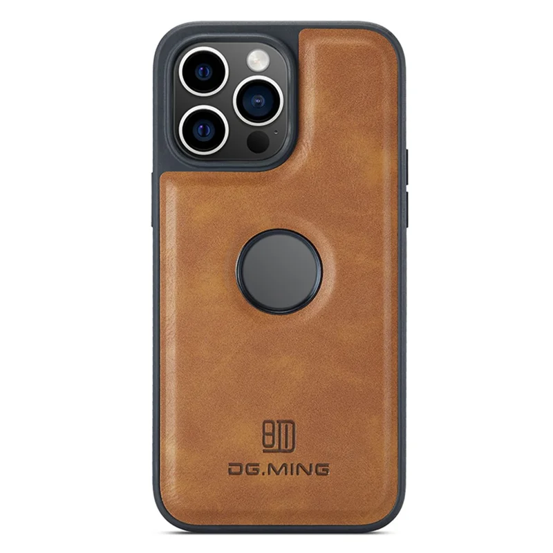 DG.MING For iPhone 15 Plus Case Logo View Back Shell PU Leather+PC+TPU Cover - Brown