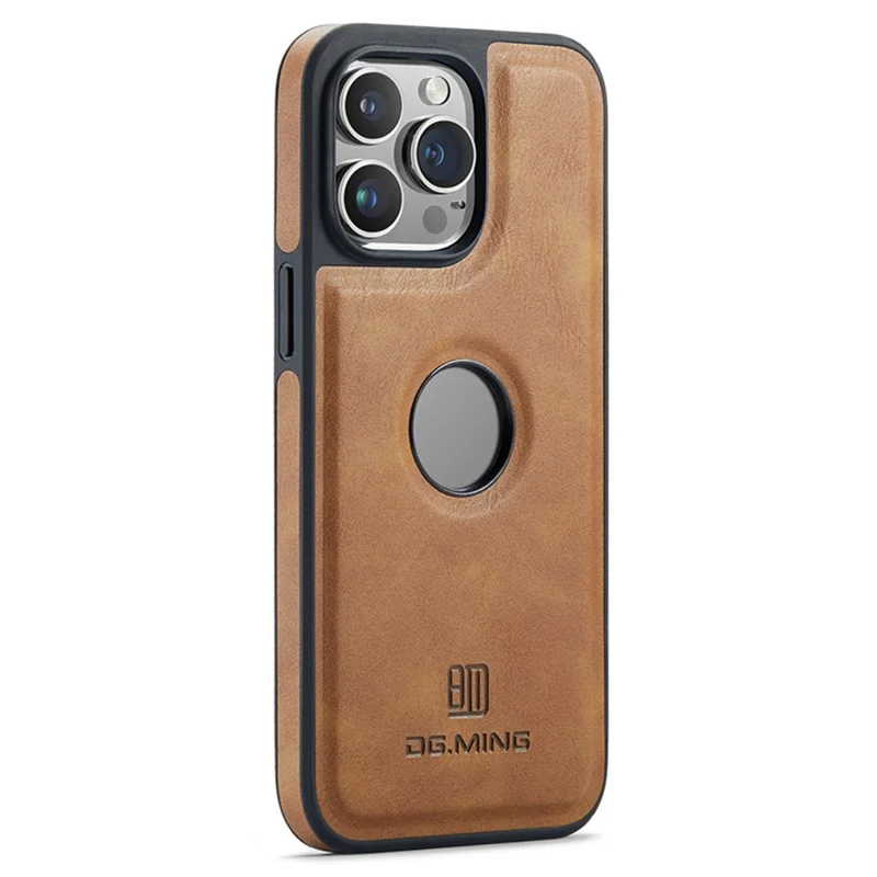 DG.MING For iPhone 15 Plus Case Logo View Back Shell PU Leather+PC+TPU Cover - Brown