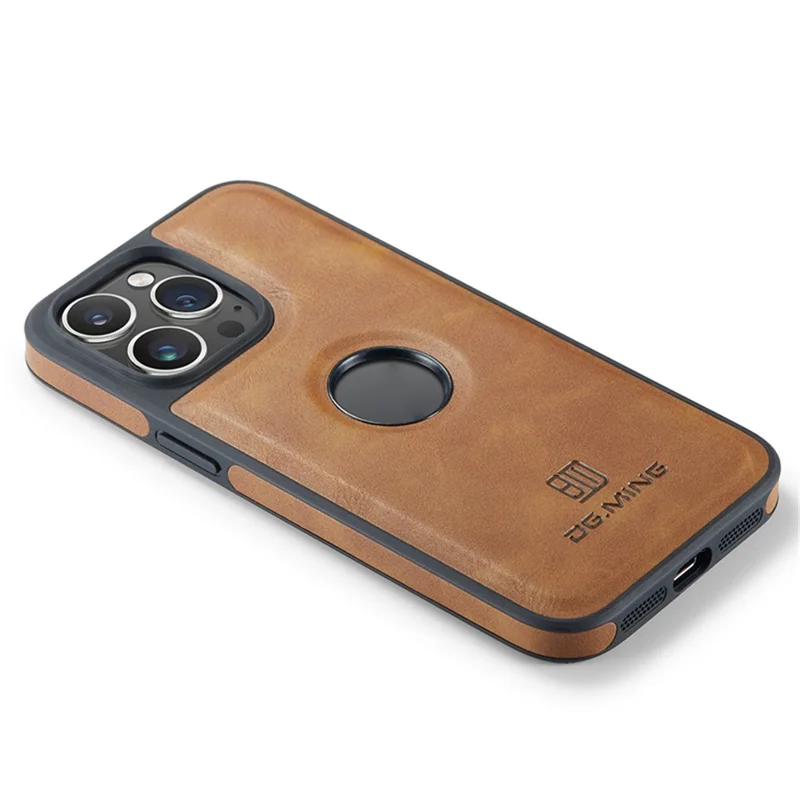 DG.MING For iPhone 15 Plus Case Logo View Back Shell PU Leather+PC+TPU Cover - Brown