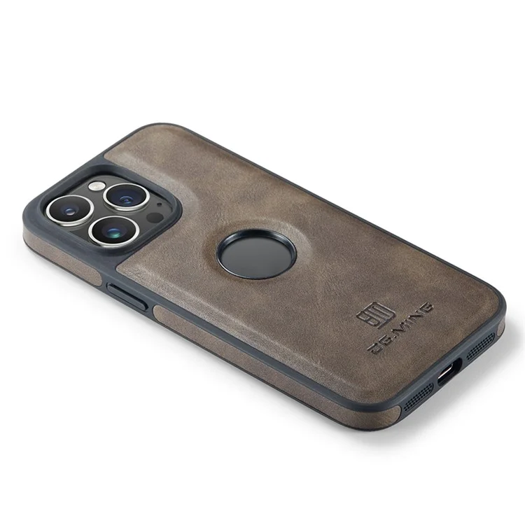 DG.MING For iPhone 14 Pro Max Case Logo View PU Leather+PC+TPU Bump Proof Cover - Coffee