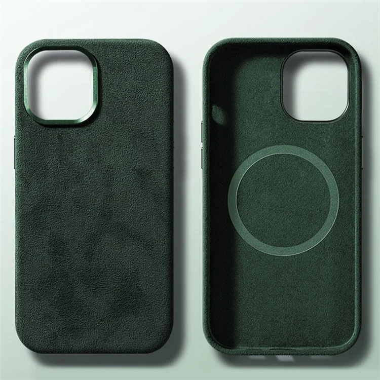 Pour Coque iPhone 15 Compatible avec MagSafe Suède PC Coque de Protection - Vert Foncé