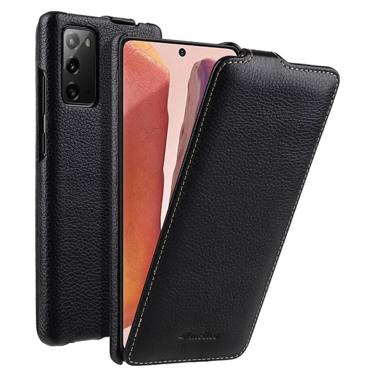 MELKCO Für Samsung Galaxy Note20 / Note20 5G Hülle Echtes Rindsleder + PC Vertikale Klapphülle - Schwarz