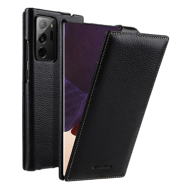MELKCO For Samsung Galaxy Note20 Ultra / Note20 Ultra 5G Case Vertical Flip Genuine Cow Leather+PC Cover - Black