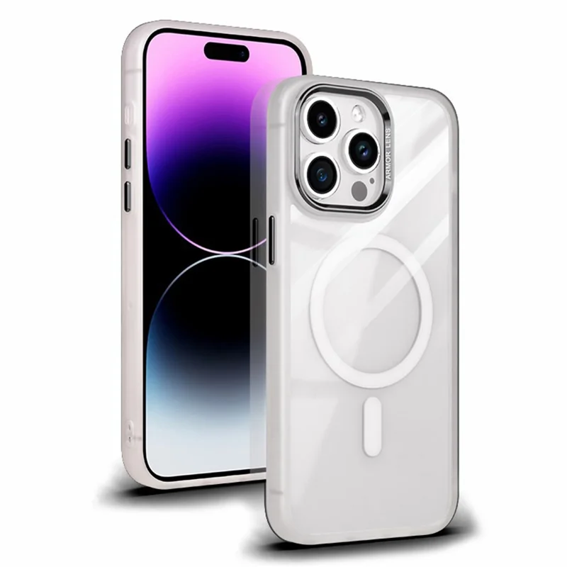 غطاء هاتف مقاوم للسقوط من مادة TPU+PC لهاتف iPhone 14 Pro، غطاء شفاف متوافق مع MagSafe - أبيض