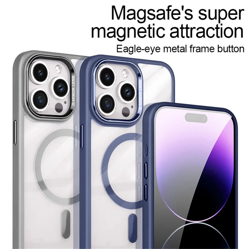 غطاء هاتف مقاوم للسقوط من مادة TPU+PC لهاتف iPhone 14 Pro، غطاء شفاف متوافق مع MagSafe - أبيض