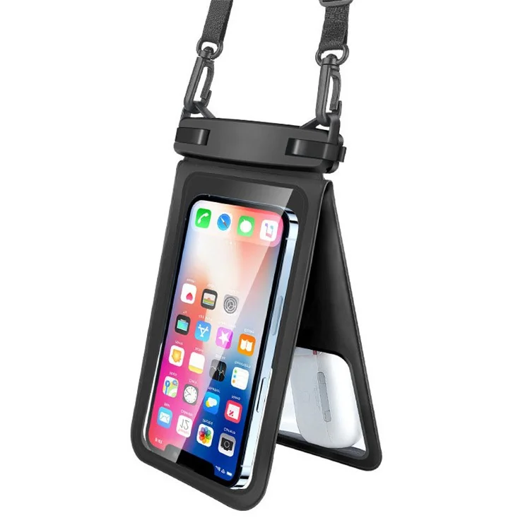 Pochette de téléphone étanche IPX8 en PVC pour les téléphones de moins de 9,5 pouces, sac étanche à double couche avec sangle - Noir