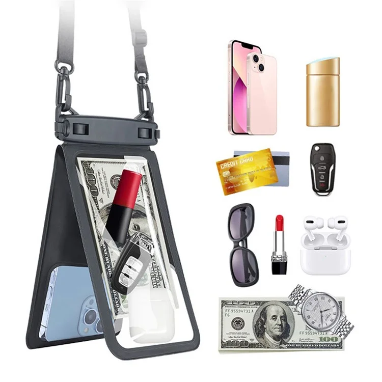 Pochette de téléphone étanche IPX8 en PVC pour les téléphones de moins de 9,5 pouces, sac étanche à double couche avec sangle - Noir