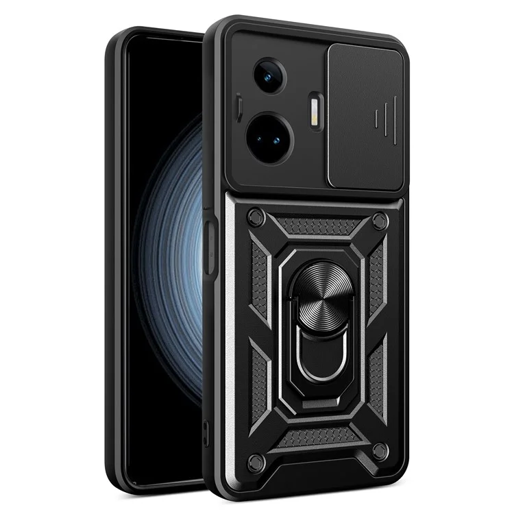 Para Realme GT Neo 5 5G / GT3 5G Case Slide Lens Guard PC+TPU Kickstand Phone Cover - Preto